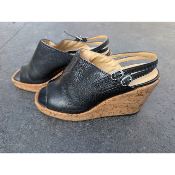 Nine West Womens Black Leather Slingback Platform Wedge Sandals Sz 7.5 B Cork - Picture 1 of 9